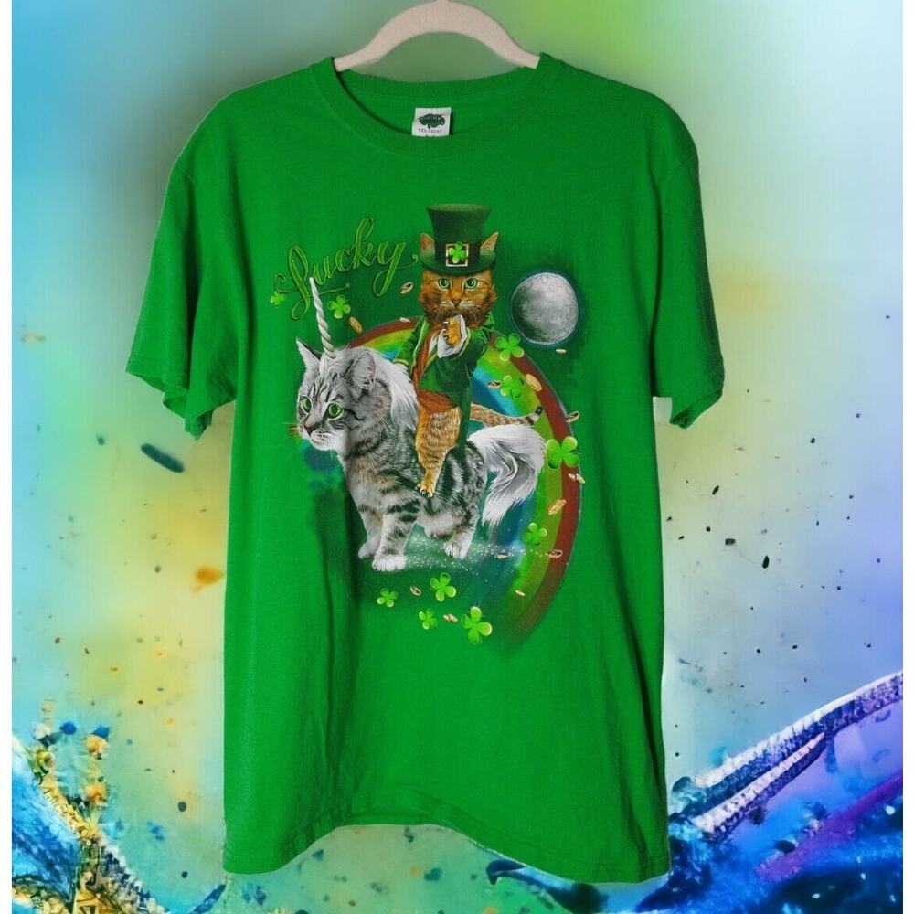 Lucky Unicorn Cat Meme Graphic T-Shirt Green Mens Medium Cotton
